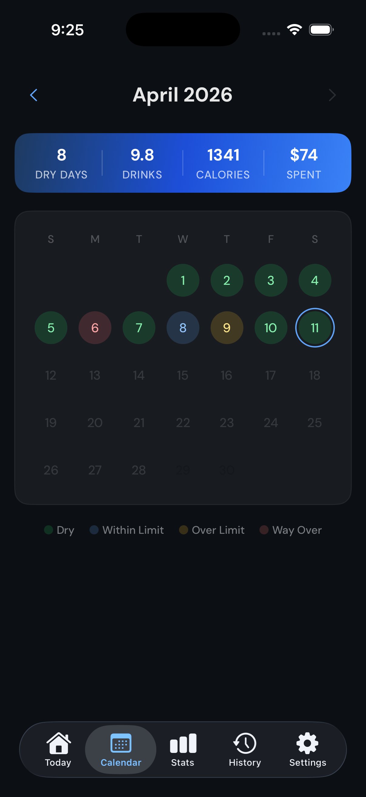 Calendar screen dark mode